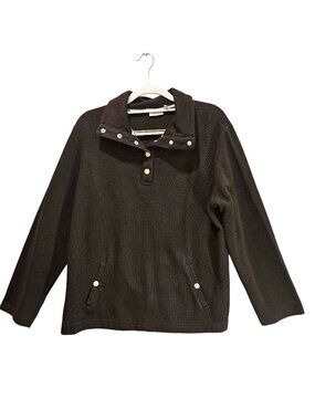 Croft & Barrow Sweater Womens XL Black tight knit Pull over 1/4 Silver snaps